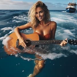 Lady Holding Guitar in middel of Pacific OCean