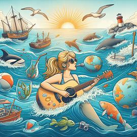 Taylor Swimming From Japan surrounded by OCean Life and Fish and beachballs and Seagulls